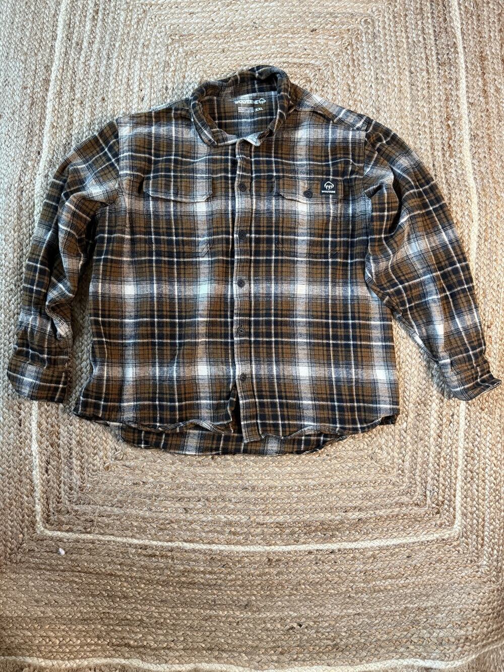 Wolverine Mens 2XL Large Heavy Flannel Shirt Long Sleeve Brown Plaid Dbl Pocket